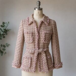 Cache Womens Pink Brown Plaid Fringed Tweed Belted Blazer Jacket Size 2
